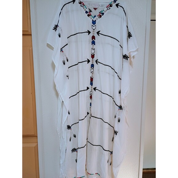 World Family Ibiza White Feather-Embroidered Beaded Tunic / Kaftan – Boho Dress - Picture 1 of 11
